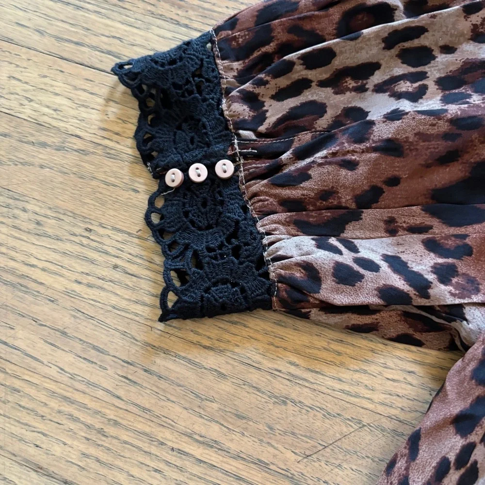 Free People Leopard Combo Blouse Brown Animal Print Lace Trim Small NEW